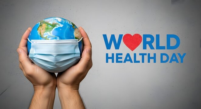 Hands holding a globe with a mask symbolizing world health day awareness