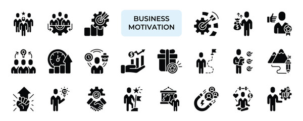 Business Motivation Icon set Collection in Solid Glyph Style. leadership, engagement, goals, performance, incentive, teamwork