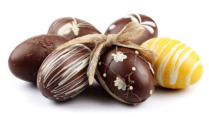 Foil-wrapped chocolate Easter eggs with ribbon isolated on white background