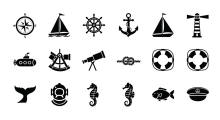 Collection of black nautical icons on white background.