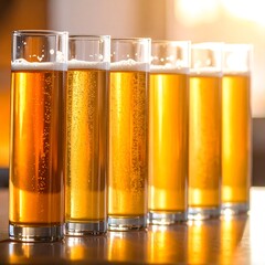 Six tall glasses of light golden liquid are lined up with a blurry, warm background