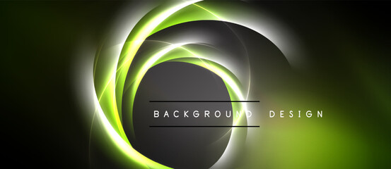 Abstract neon lines form circular shapes. Dark background contrasts bright green, white elements. Text reads background design.