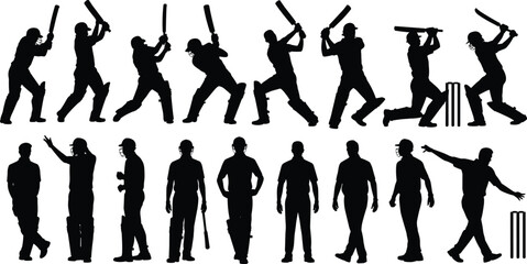 Obraz premium Set of Black Silhouette Icons Featuring Male Cricket Players Batting Bowling and Fielding Isolated on White Background for Sports Competition Graphic Design Projects