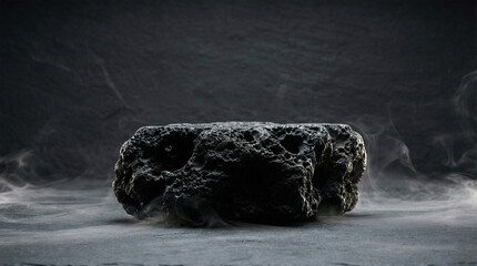 porous black volcanic lava stone podium with mist.
