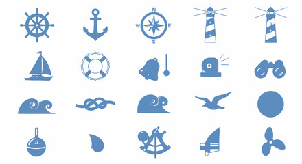 Collection of blue nautical icons and symbols for marine and sailing themes. © Bismillah