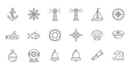 Collection of Simple Line Icons for Nautical and Coastal Themes. © Bismillah