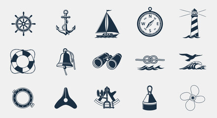 Nautical icons set including sailing and navigation symbols. © Bismillah