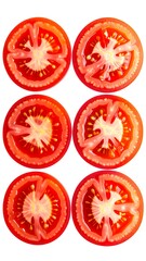 Six tomato slices arranged vertically, showcasing their vibrant red interiors and seed structures on a white background