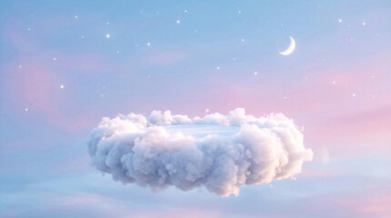 Fluffy white cloud podium in pastel sky background.