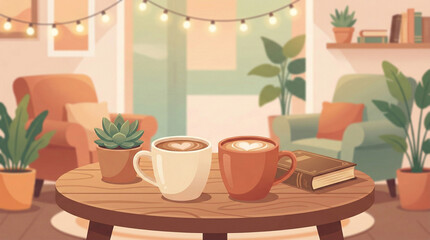 Cozy Coffee Date Illustration with Heart Latte Art and Croissant