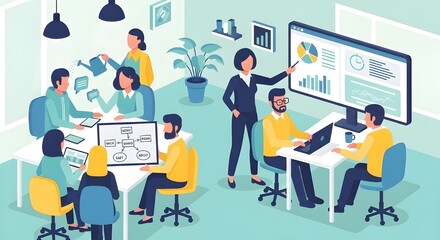 illustration of business people working in a meetingillustration, business people, business meeting, corporate meeting, office teamwork, team discussion, conference room, boardroom meeting, profession