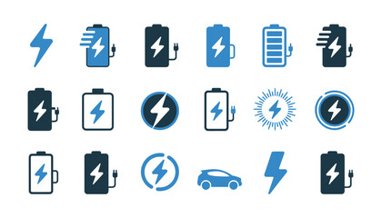 Electric Battery and Lightning Icons Set Blue Energy Power and Charging Vector Collection