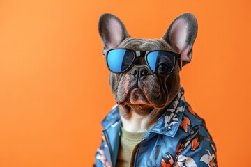 Fototapeta premium French bulldog wears sunglasses and a blue floral leather jacket on a bright orange background