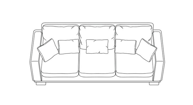 A detailed top-down plan view line drawing of a comfortable three-seater sofa complete with multiple plush throw pillows.
