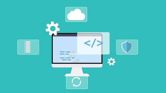 Animated computer monitor displaying programming interface surrounded by cloud computing, security shield, and workflow icons, representing software development infrastructure and cybersecurity system