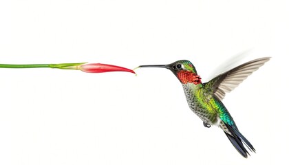 Vibrant Hummingbird Nectaring from Red Flower on White Background © coor