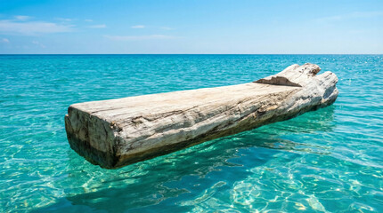 Weathered driftwood log floating on turquoise ocean water.