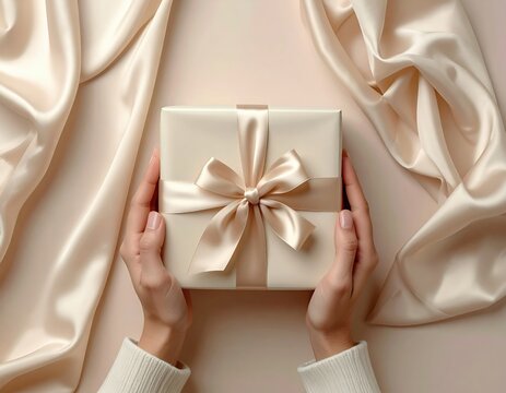 Elegant Ivory Gift Box With Satin Ribbon Bow Held By Delicate Hands Surrounded By Flowing Cream Silk Fabric In Soft Light