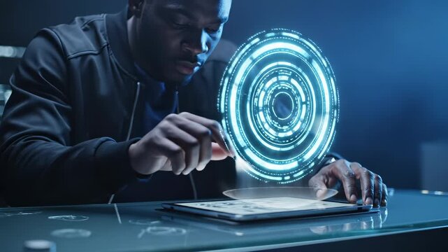 Man touches holographic circle interface above tablet on glass desk. Professional interacts with hologram display showing circular pattern. Man works with holographic interface and tablet in office se