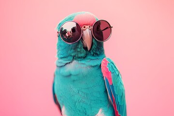 Fototapeta premium Cute turquoise and pink parrot wears round silver sunglasses with a pink background in bright light