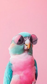 Cute turquoise and pink parrot with round silver sunglasses on pink background having fun under bright light