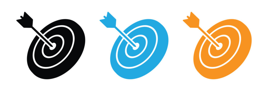 Target icons set goal symbol collection simple target with arrow darts icon hitting the bullseye line flat style. Target icon with arrow hitting the center.  Marketing success. Strategy, mission, obje