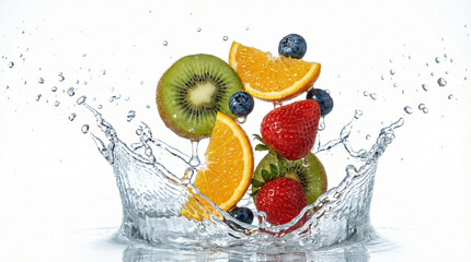 High-speed splash photography of fresh tropical fruits dropping into water.
