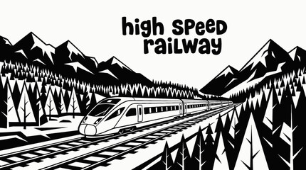 train railway track landscape black and white with high speed passenger locomotive transport infrastructure along modern rail corridor horizon showing travel journey transit motion environment © samira