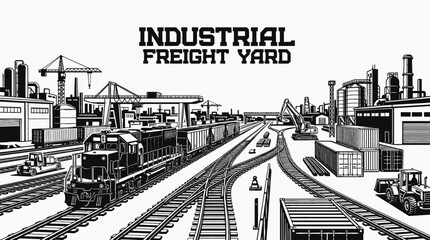 train railway track landscape inside industrial freight yard with cargo locomotive transport infrastructure between warehouse buildings along steel rail horizon showing travel journey transit motion © samira