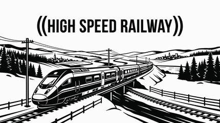 train railway track landscape black and white with high speed passenger locomotive transport infrastructure along modern rail corridor horizon showing travel journey transit motion environment © samira