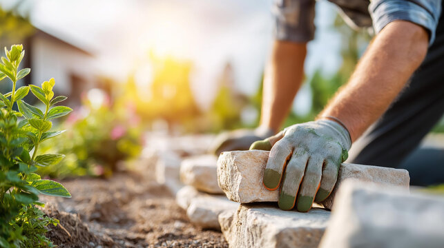 Faceless individual laying stones in garden on sunny day outside house, landscaping installation activity, hardscape construction work, outdoor building service, with copy space