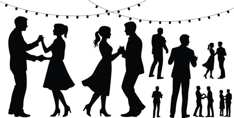 Obraz premium Silhouettes of couples dancing and socializing at party event under string lights, romantic celebration scene isolated on white background for festive design