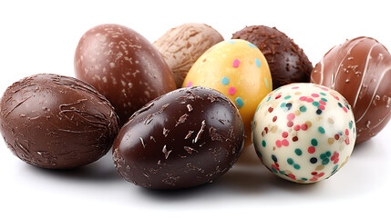 Handcrafted chocolate Easter eggs with drizzle design isolated on white background