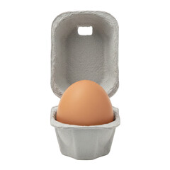 Single brown egg in a grey cardboard egg carton, isolated on white background