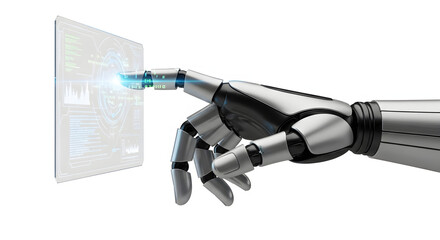 Touch of Tomorrow: A sleek robotic hand interacts with an interactive interface, illuminating the futuristic possibilities of technology and the seamless blend of artificial intelligence. 