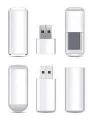 Six white USB drives in different views and orientations isolated on a white background, showcasing their simple, sleek design