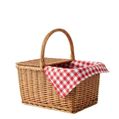 Fototapeta premium Wicker picnic basket with red and white checkered cloth