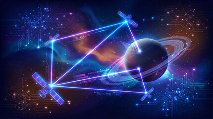 Global Digital Earth Network with Orbiting Satellites and Connection Lines