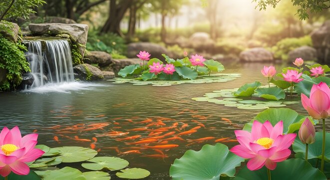 Serene pond scene with waterfall and lotus flowers in a lush forest