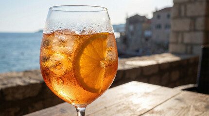 Close-up of refreshing Aperol Spritz cocktail with condensation in sunlight.