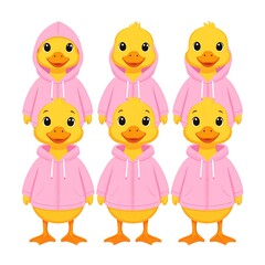 Six yellow ducklings wearing pink hoodies, posed in a grouping on a white background