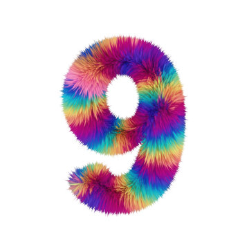 A vibrant and colorful number nine with a tie-dye pattern.
