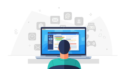 A man sits at a desk working on a computer with a blue screen and various icons floating behind it on a white background.