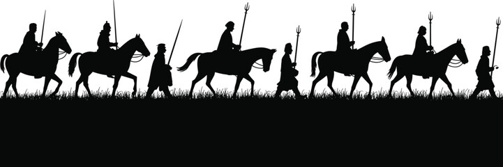 Black silhouettes of people on horseback and walking with spears and sword