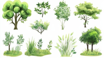 Fototapeta premium Green vegetation illustration featuring various trees, bushes, and grass in a simple landscape layout