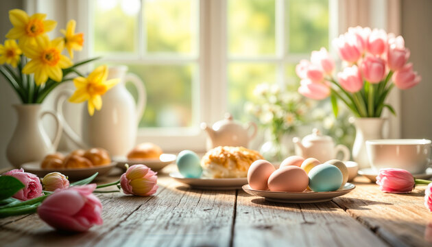 Ostereier auf fr&uuml;hlingshafter Fr&uuml;hst&uuml;ckstafel mit Tulpen und Narzissen am Fenster