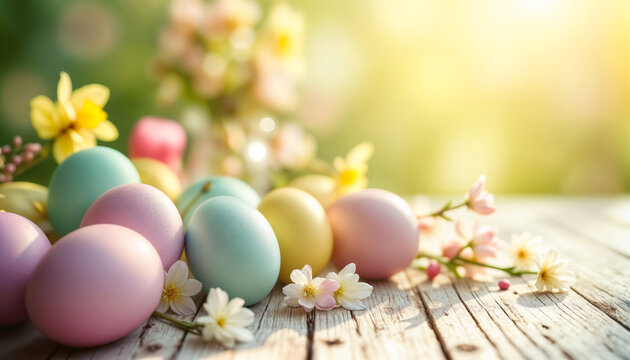 Ostereier in Pastellfarben mit Fr&uuml;hlingsblumen auf rustikalem Holztisch im Freien bei weichem Sonnenlicht