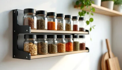 Two-tiered wall mounted spice rack with glass jars filled with various colorful dried herbs and spices. Minimalist kitchen shelf organizes cooking ingredients on white background. © Viktor