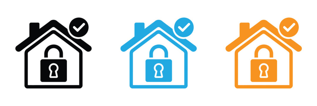 Secure home icons with padlock and checkmark