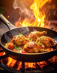 Sizzling chicken pieces cook in a pan over open flames, garnished with herbs and veggies, steam rising